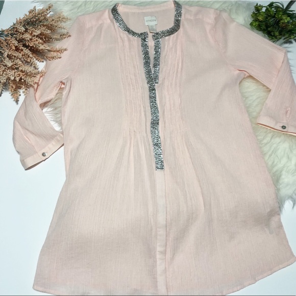 Chico’s Blush Pink Tunic Blouse Beaded Collar - Picture 5 of 8